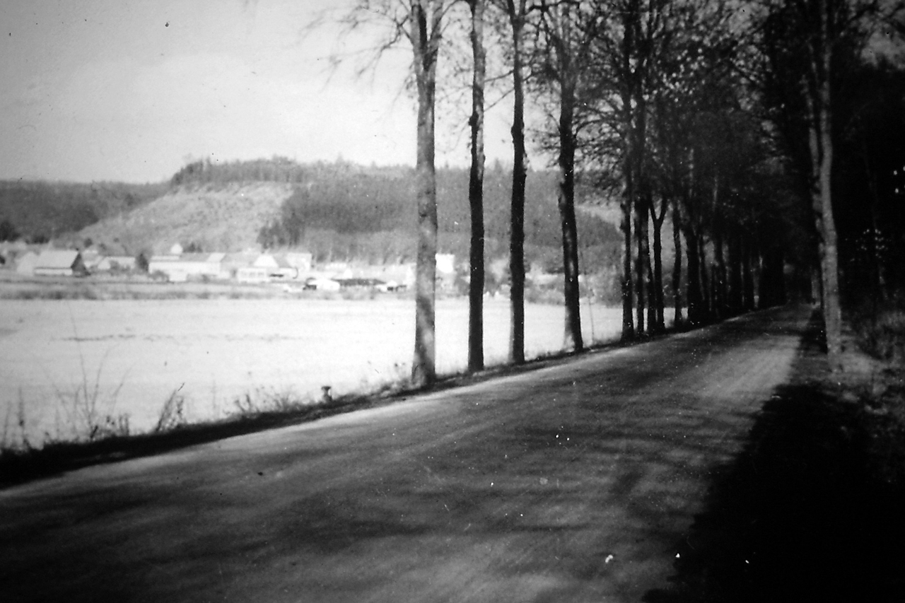 Alte Ederstraße mit Dorfansicht, Anfang 1950er. (© Stadt Frankenberg Eder)