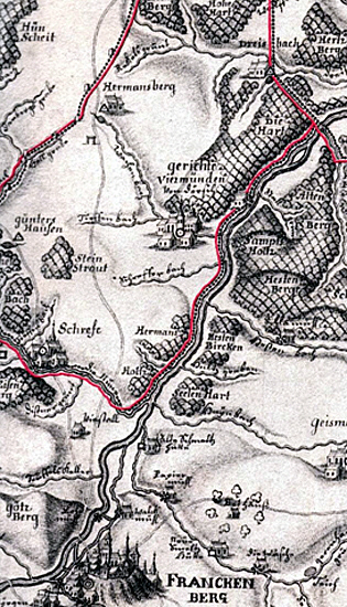 Kartenausschnitt der sog. Schleenstein‘schen Karte des Amtes Frankenberg von etwa 1715. Der Hof Hermannsberg ist eingetragen. (© Stadt Frankenberg Eder)